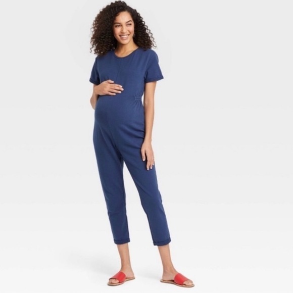 The Nines by HATCH Short Sleeve French Terry Cropped Blue Jumpsuit - Picture 1 of 9